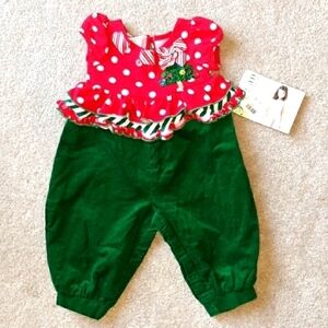 New! Infant Bonnie Jean One piece Romper Christmas Green Red Polka dot